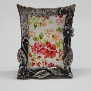 Miniature Vintage Style Pewter Floral Picture Frame Fabric Insert 1.5x2"